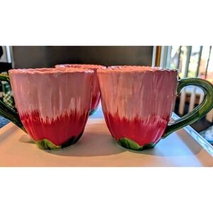Pier 1 Imports Pink Daisy Flower Mugs Hand Painted Decorative Ceramic Lot 4 NEW
